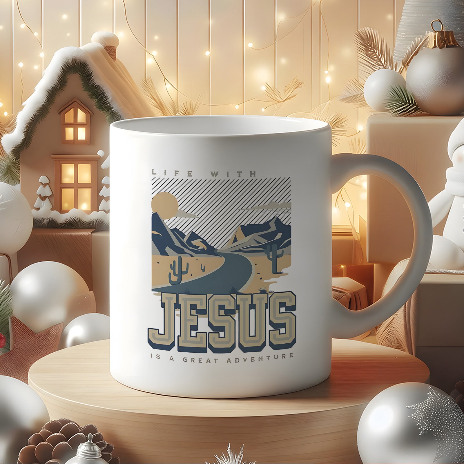 Tailorly White Ceramic 11 oz Mug - Life With Jesus Is A Great Adventure Winding Road Leading Through Desert Cacti And Majestic Mountains Landscape