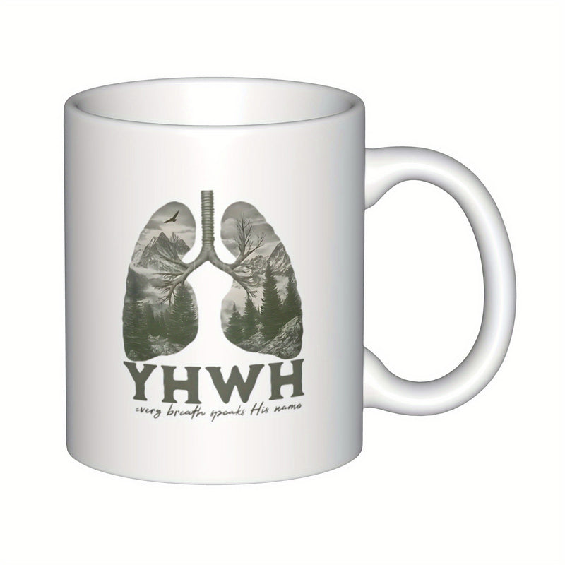 Tailorly White Ceramic 11 oz Mug - YHWH Every Breath Speaks His Name Scenic Mountain Forest Landscape Silhouette Within Human Lungs
