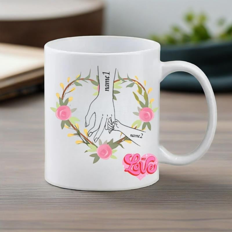 Tailorly White Ceramic 11 oz Mug - Love Detailed Floral Heart Wreath Featuring Adult And Child Holding Hands