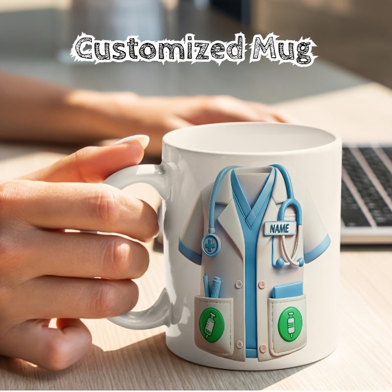 Tailorly White Ceramic 11 oz Mug - Customized Mug White Medical Coat With Stethoscope And Blue Accents Over Scrubs Uniform
