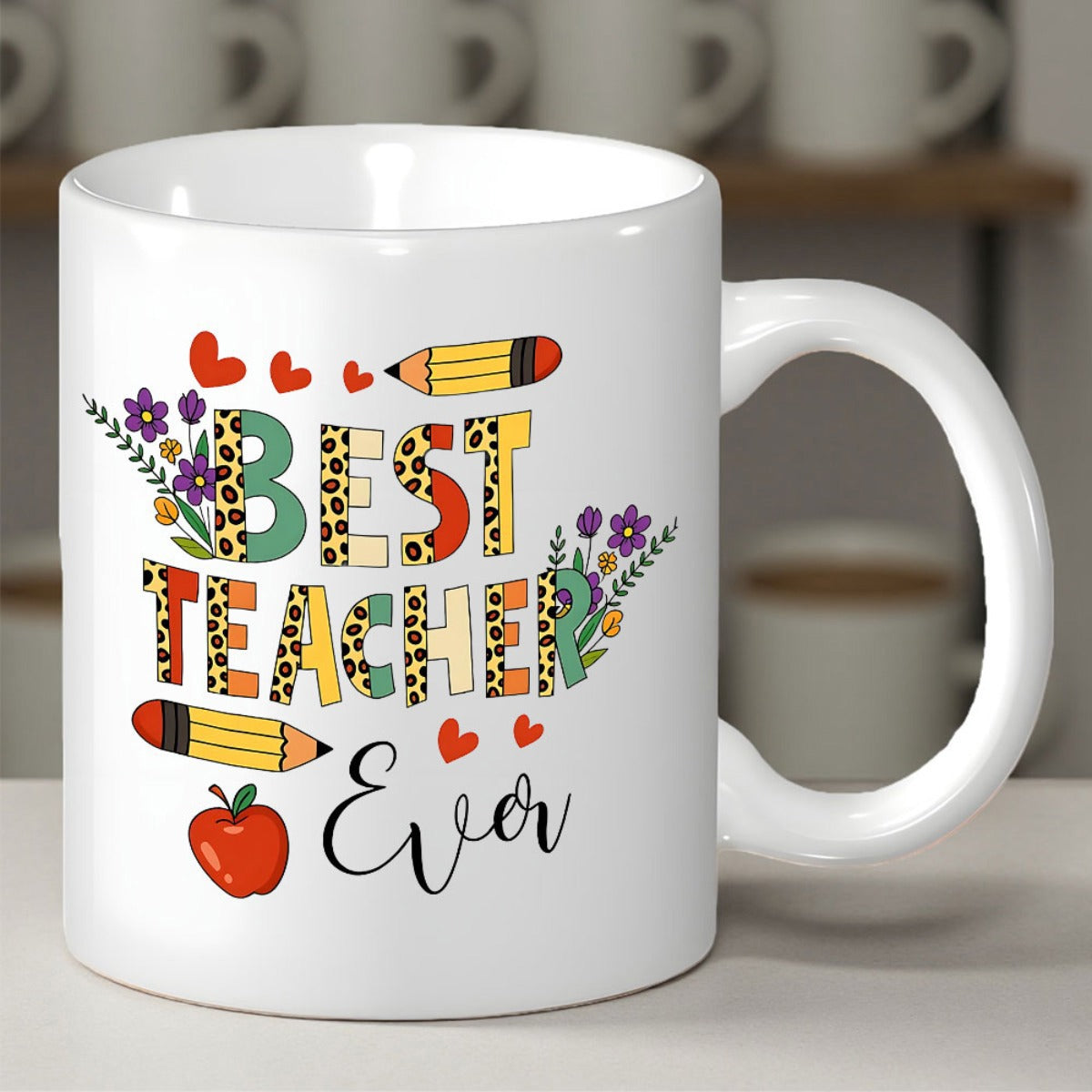 Tailorly White Ceramic 11 oz Mug - Best Teacher Ever Colorful Pencils And A Red Apple Among Leopard Print Design