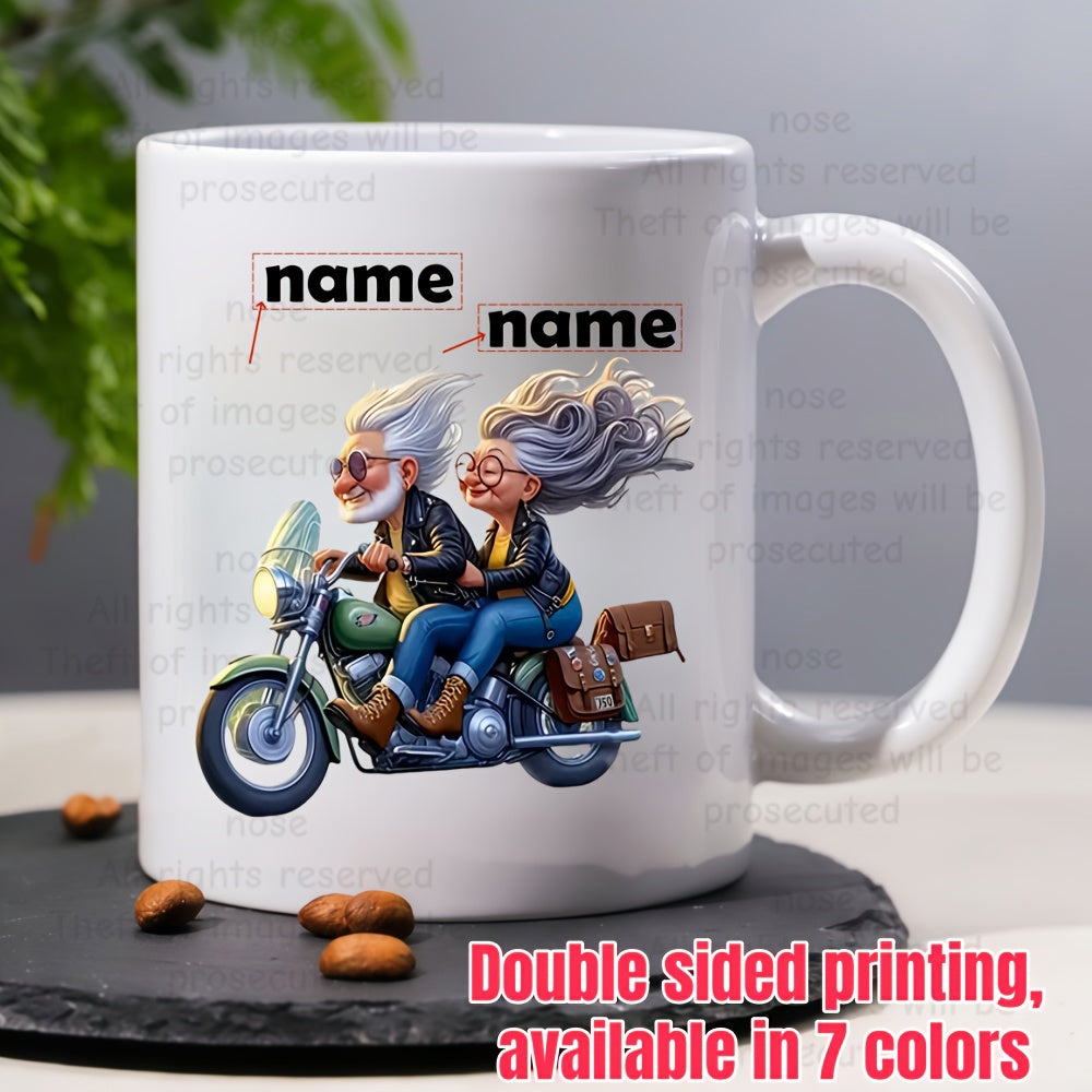 Tailorly White Ceramic 11 oz Mug - Elderly Couple Riding Together On A Fast Moving Vintage Classic Motorcycle
