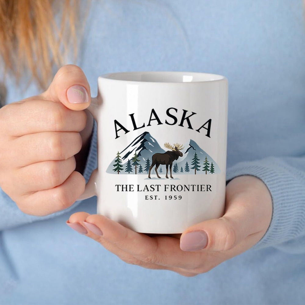 Tailorly White Ceramic 11 oz Mug - Alaska The Last Frontier Majestic Wild Animal Standing Before Snowy Mountain Peaks Among Evergreen Trees Moose