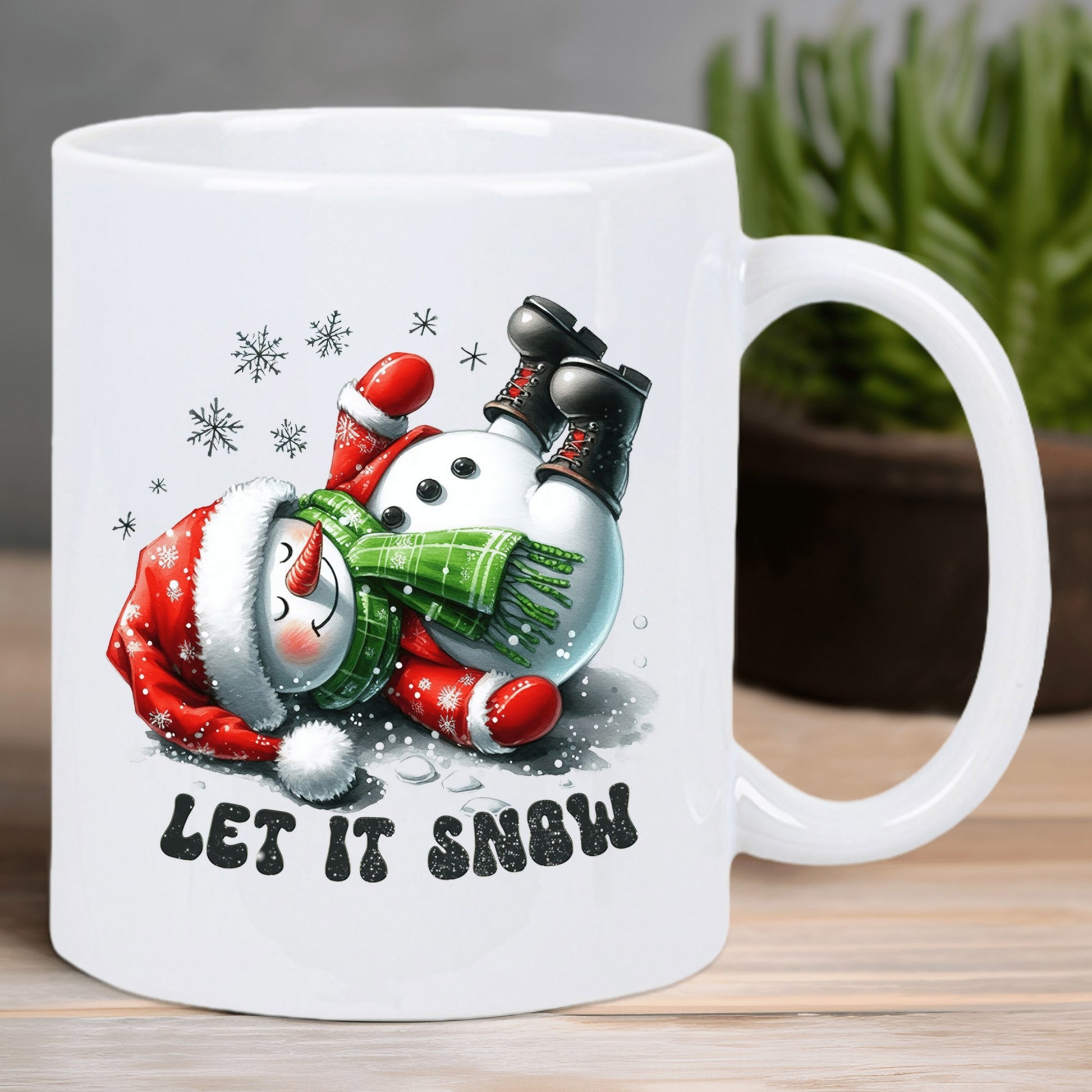Tailorly White Ceramic 11 oz Mug - Let It Snow Whimsical Snowman Wearing Red Hat And Green Scarf Among Snowflakes Snowman