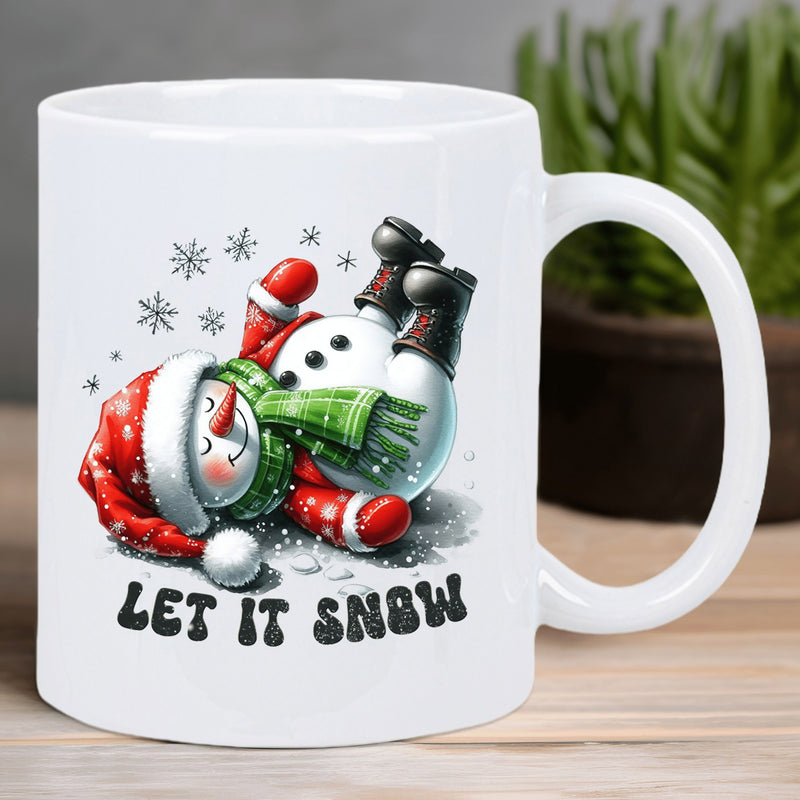 Tailorly White Ceramic 11 oz Mug - Let It Snow Whimsical Snowman Wearing Red Hat And Green Scarf Among Snowflakes Snowman