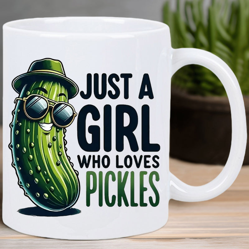 Tailorly White Ceramic 11 oz Mug - Just A Girl Who Loves Pickles Cheerful Green Cartoon Vegetable Wearing Fashionable Sunglasses And Fedora Hat Pickle