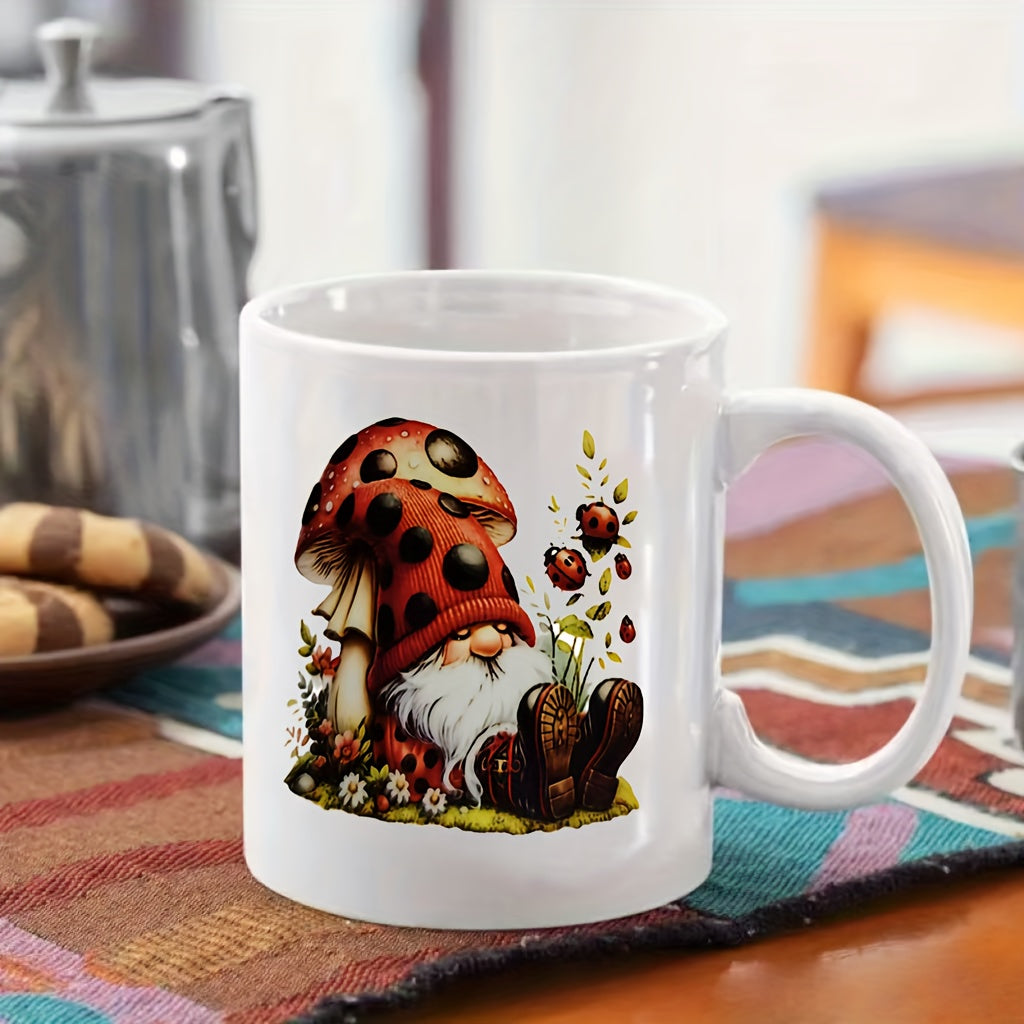 Tailorly White Ceramic 11 oz Mug - Charming Garden Gnome Wearing Polka Dot Mushroom Hat Among Small Wildflowers Gnome