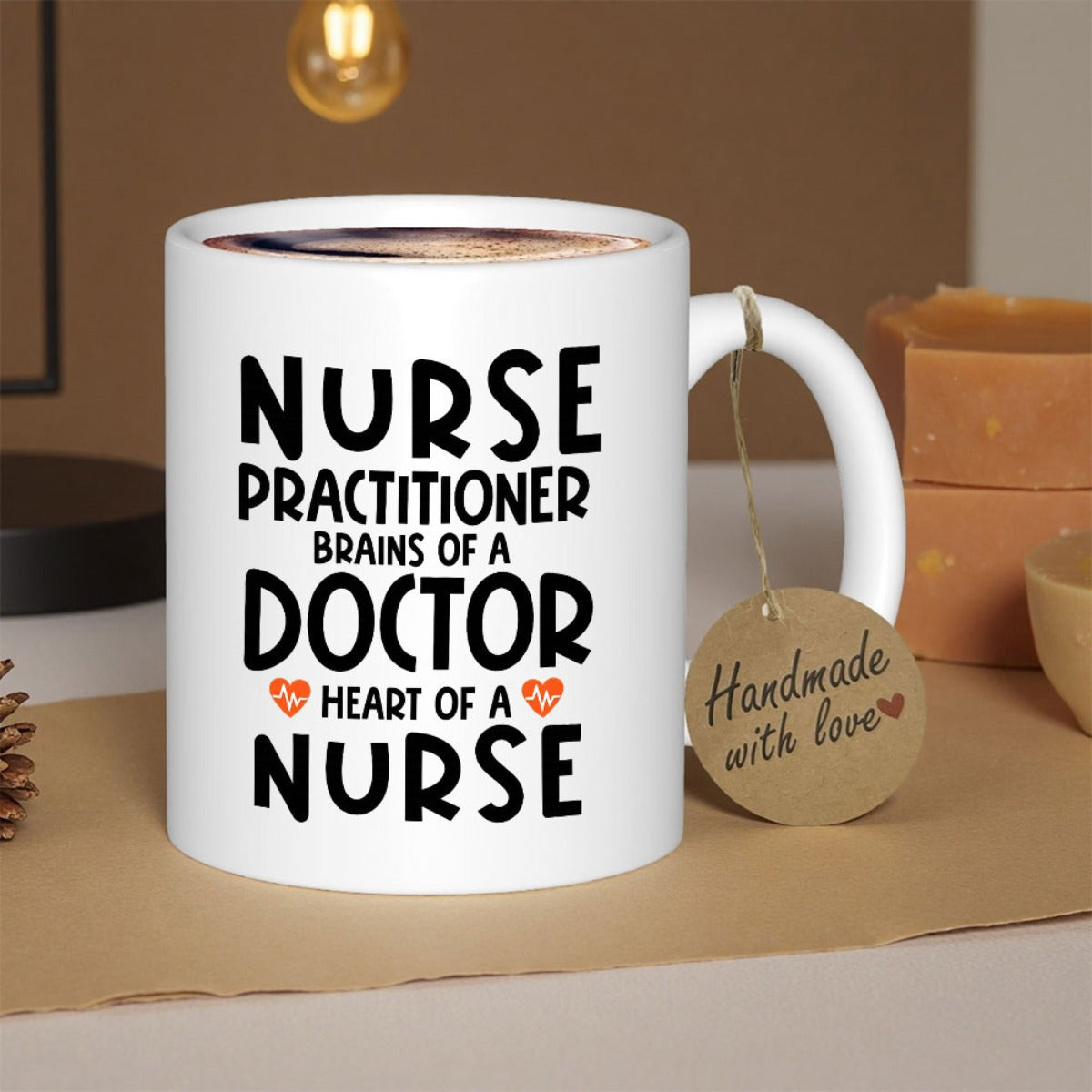 Tailorly White Ceramic 11 oz Mug - Nurse Practitioner Brains Of A Doctor Heart Of A Nurse Minimalist White Ceramic Vessel Featuring Bold Black Typography And