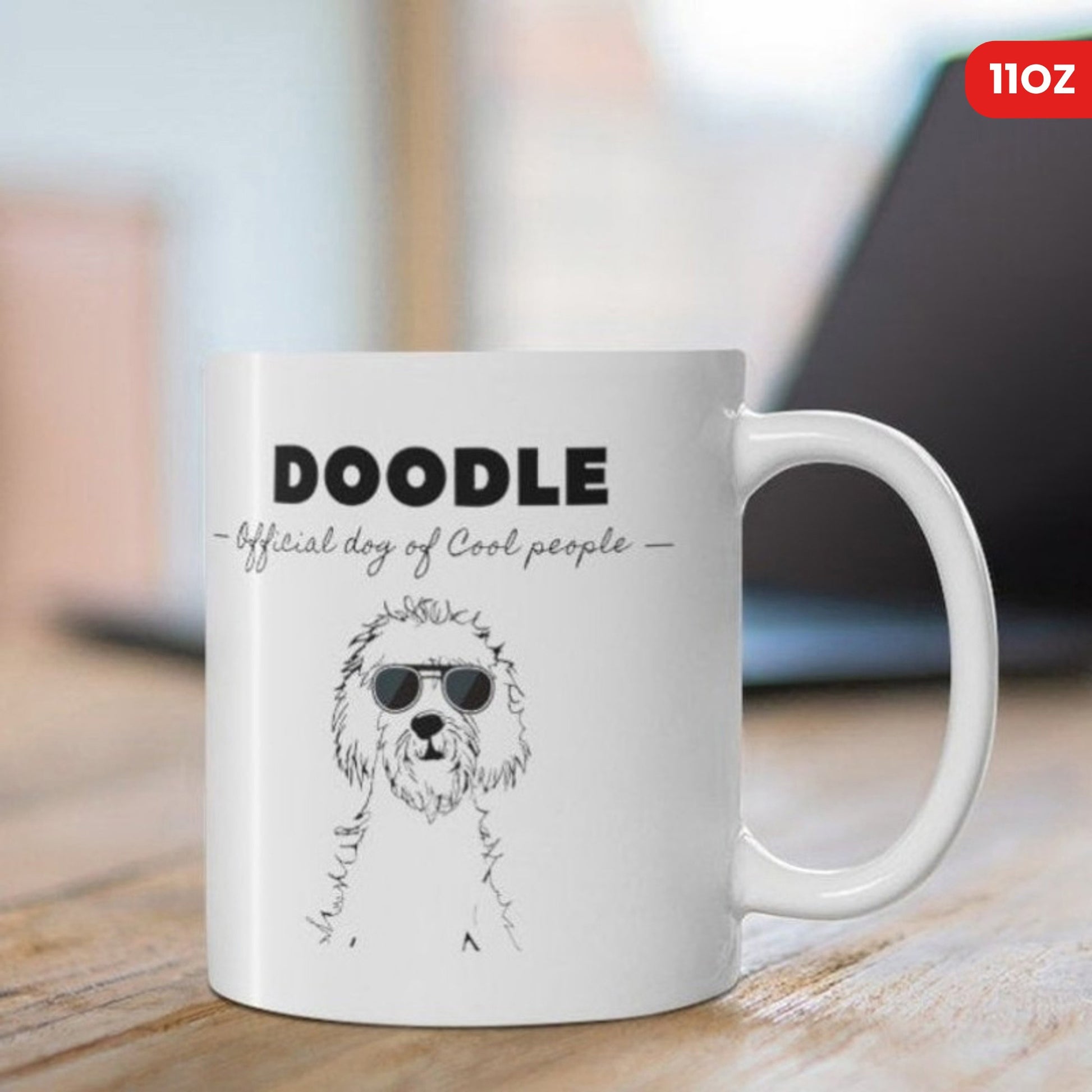 Tailorly White Ceramic 11 oz Mug - Doodle Official Dog Of Cool People Hand Drawn Fluffy Poodle Mix Wearing Stylish Sunglasses Sitting Calmly Cute Dog