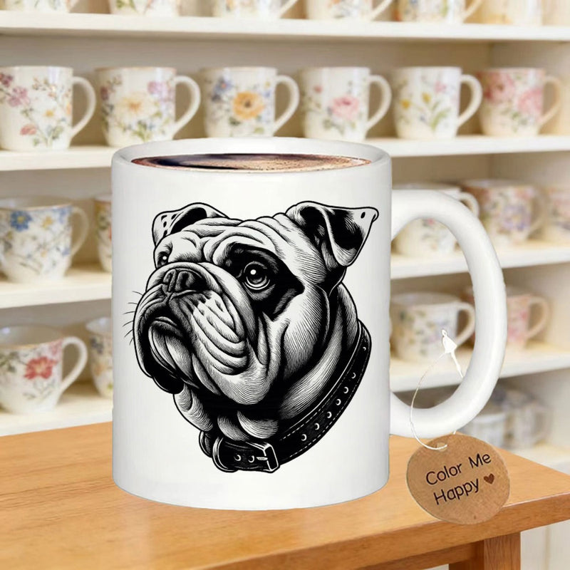Tailorly White Ceramic 11 oz Mug - Hand Drawn Ink Style Sketch Of A Brave English Bulldog