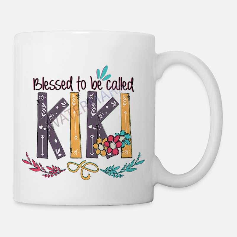Tailorly White Ceramic 11 oz Mug - Blessed To Be Called Kiki Decorative Stylized Letters With Colorful Flowers And Delicate Botanical Branches Art