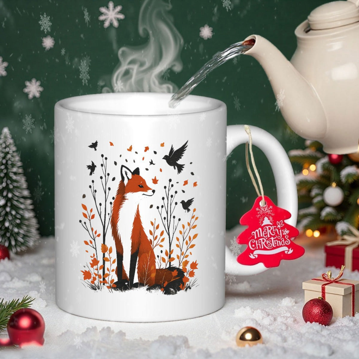 Tailorly White Ceramic 11 oz Mug - Merry Christmas Stately Red Wildlife Sitting Among Golden Autumn Leaves And Birds Fox