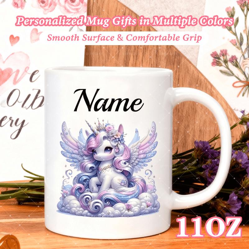 Tailorly White Ceramic 11 oz Mug - Name Majestic Winged Creature Sitting Among Soft Pastel Clouds With Elegant Unicorn