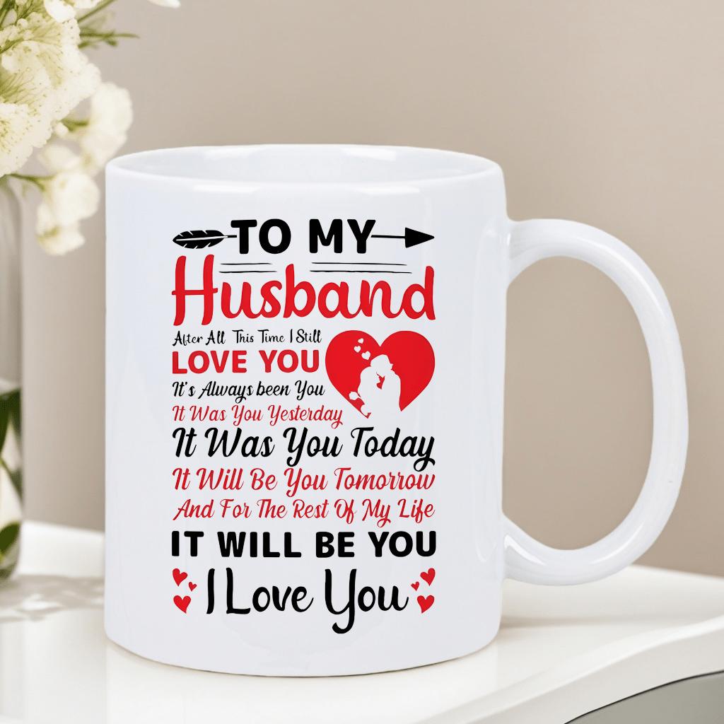 Tailorly White Ceramic 11 oz Mug - To My Husband I Love You Heartfelt Romantic Script With Couple Silhouette Red Hearts Arrow Mug
