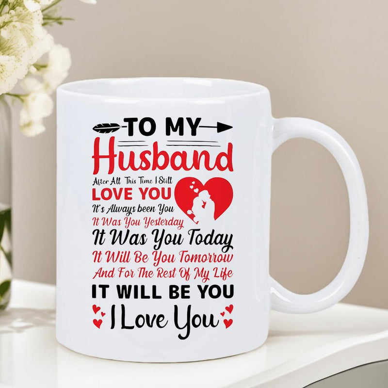 Tailorly White Ceramic 11 oz Mug - To My Husband I Love You Heartfelt Romantic Script With Couple Silhouette Red Hearts Arrow Mug
