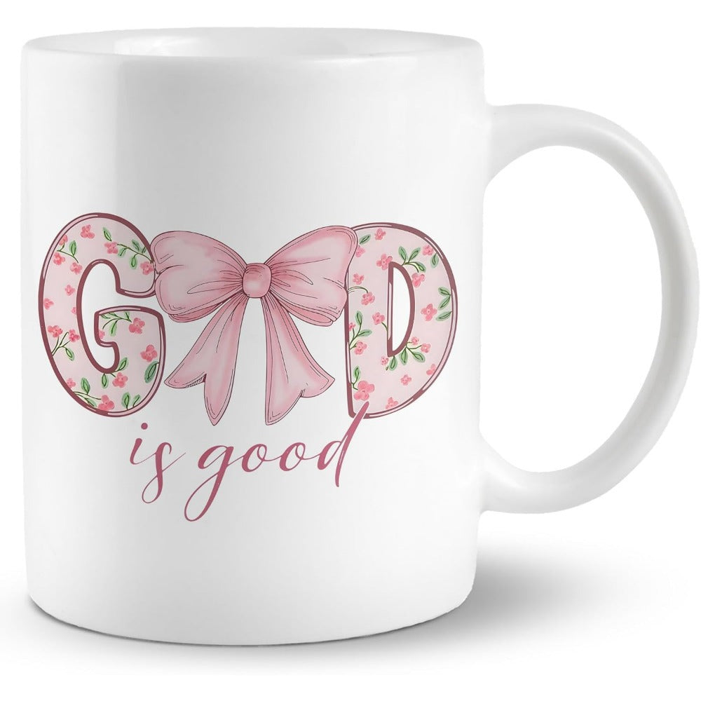 Tailorly White Ceramic 11 oz Mug - God Is Good Pink Floral Letters Joined By A Large Soft Satin Ribbon Bow