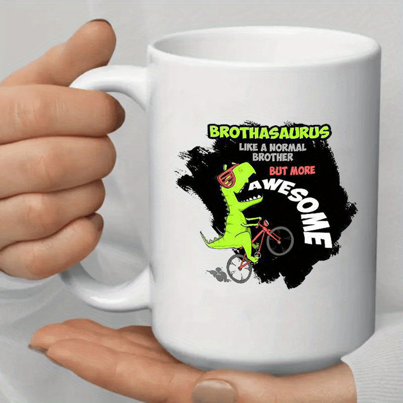 Tailorly White Ceramic 11 oz Mug - Brothasaurus Like A Normal Brother But More Awesome Playful Green Dinosaur Riding A Bicycle Across A Textured Dark Backdrop