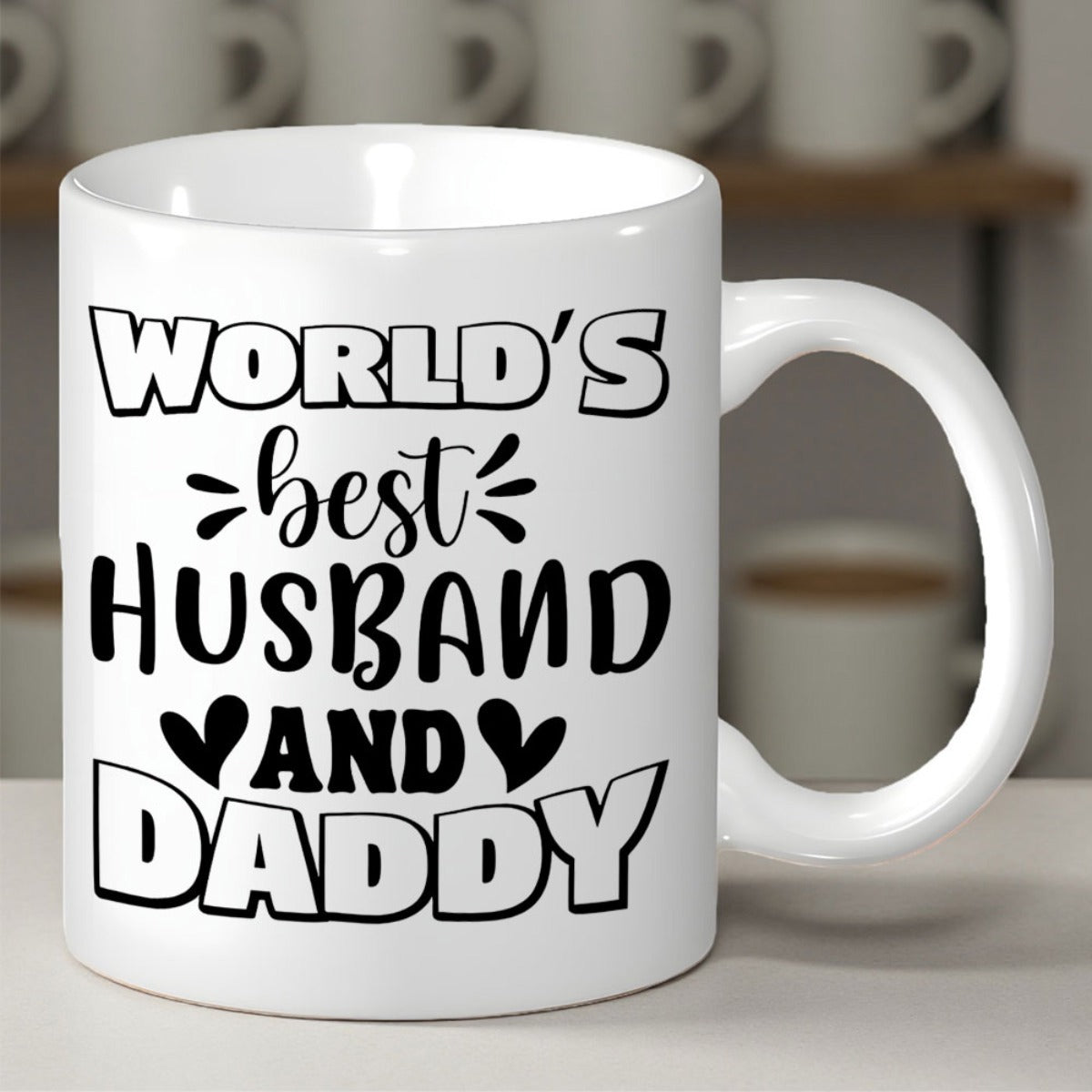 Tailorly White Ceramic 11 oz Mug - World's Best Husband And Daddy Minimalist Hearts And Decorative Accents On A Glossy Ceramic Surface Mug