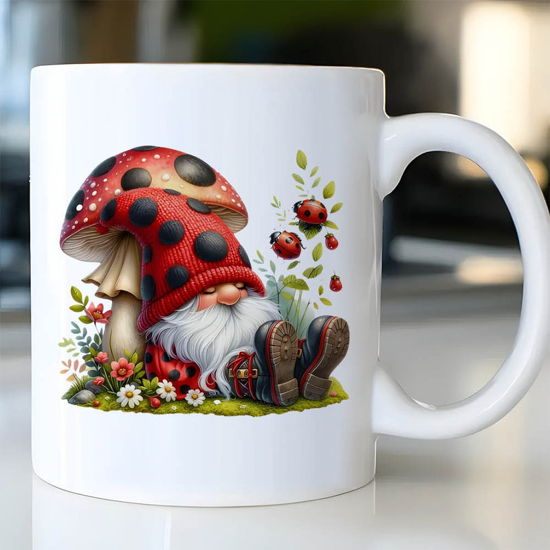 Tailorly White Ceramic 11 oz Mug - Charming Garden Gnome Resting Against Spotted Mushroom Surrounded By Floral Ladybugs Gnome