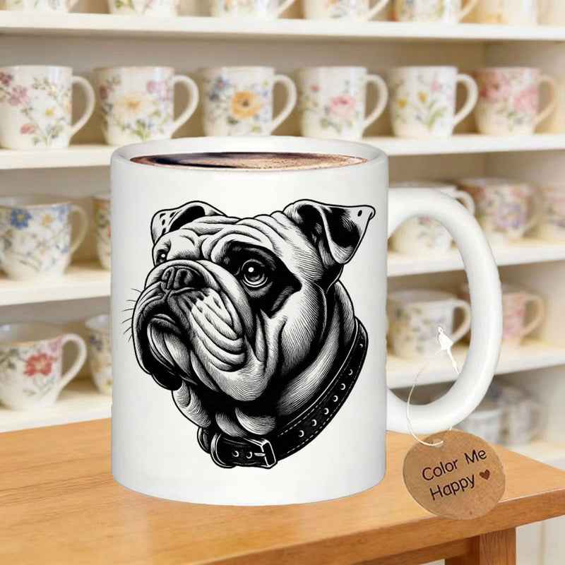 Tailorly White Ceramic 11 oz Mug - Color Me Happy Detailed Black And White Sketch Of A Strong Majestic Bulldog