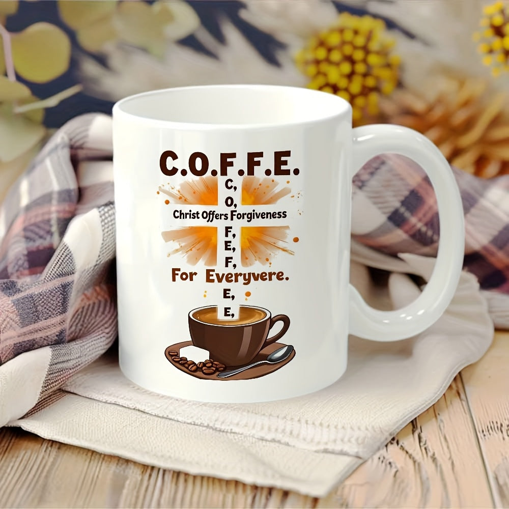 Tailorly White Ceramic 11 oz Mug - Coffee Christ Offers Forgiveness For Everyone Steaming Brown Drink Among Coffee Beans Under A Radiant Golden Religious Cross