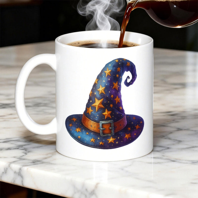 Tailorly White Ceramic 11 oz Mug - Mystical Dark Blue Pointed Cap With Golden Stars And Leather Belt Wizard Hat
