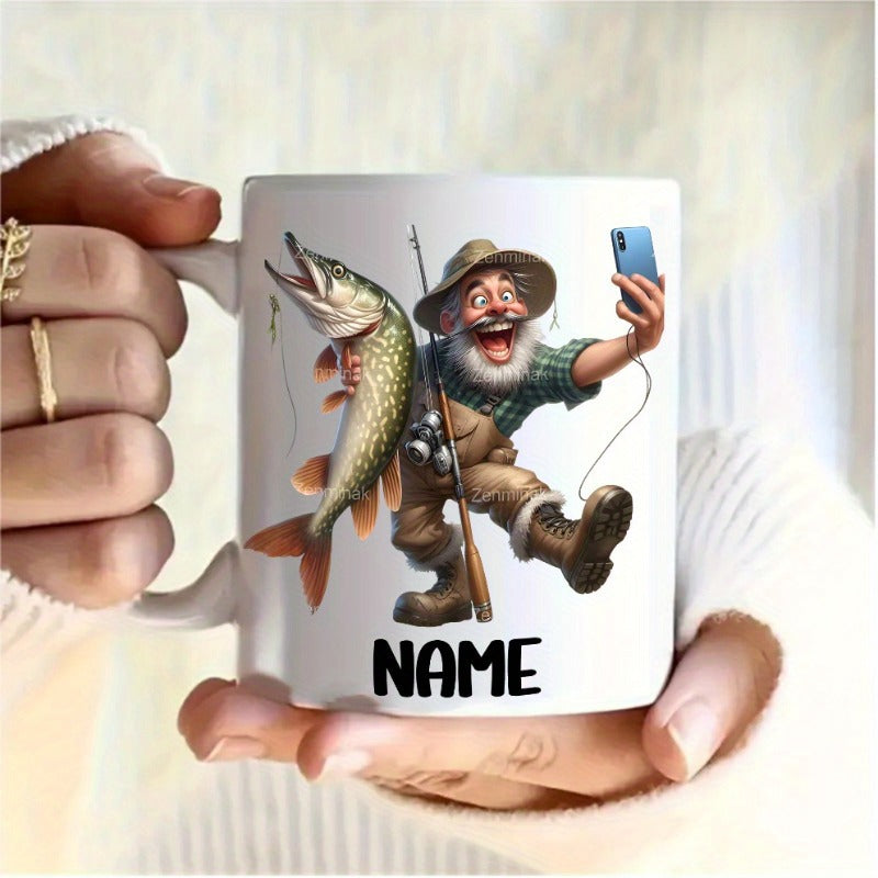 Tailorly White Ceramic 11 oz Mug - Name Cheerful Bearded Old Man With Large Pike Taking Smartphone Selfie Fisherman