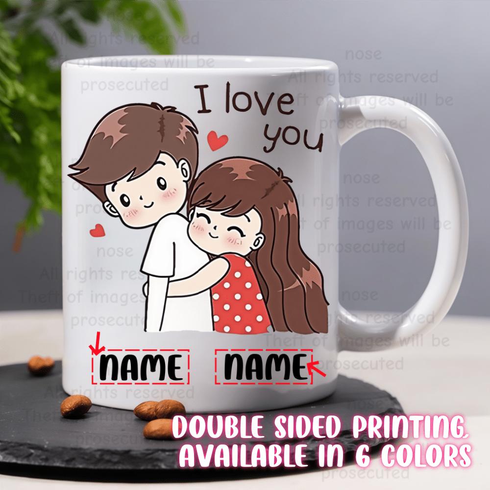 Tailorly White Ceramic 11 oz Mug - I Love You Cute Cartoon Boy And Girl Hugging With Little Red Hearts Couple