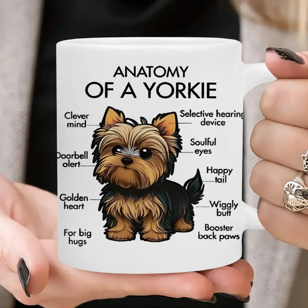 Tailorly White Ceramic 11 oz Mug - Anatomy Of A Yorkie Cute Cartoon Yorkshire Terrier Sitting With Descriptive Labels And Pointing Lines Yorkie