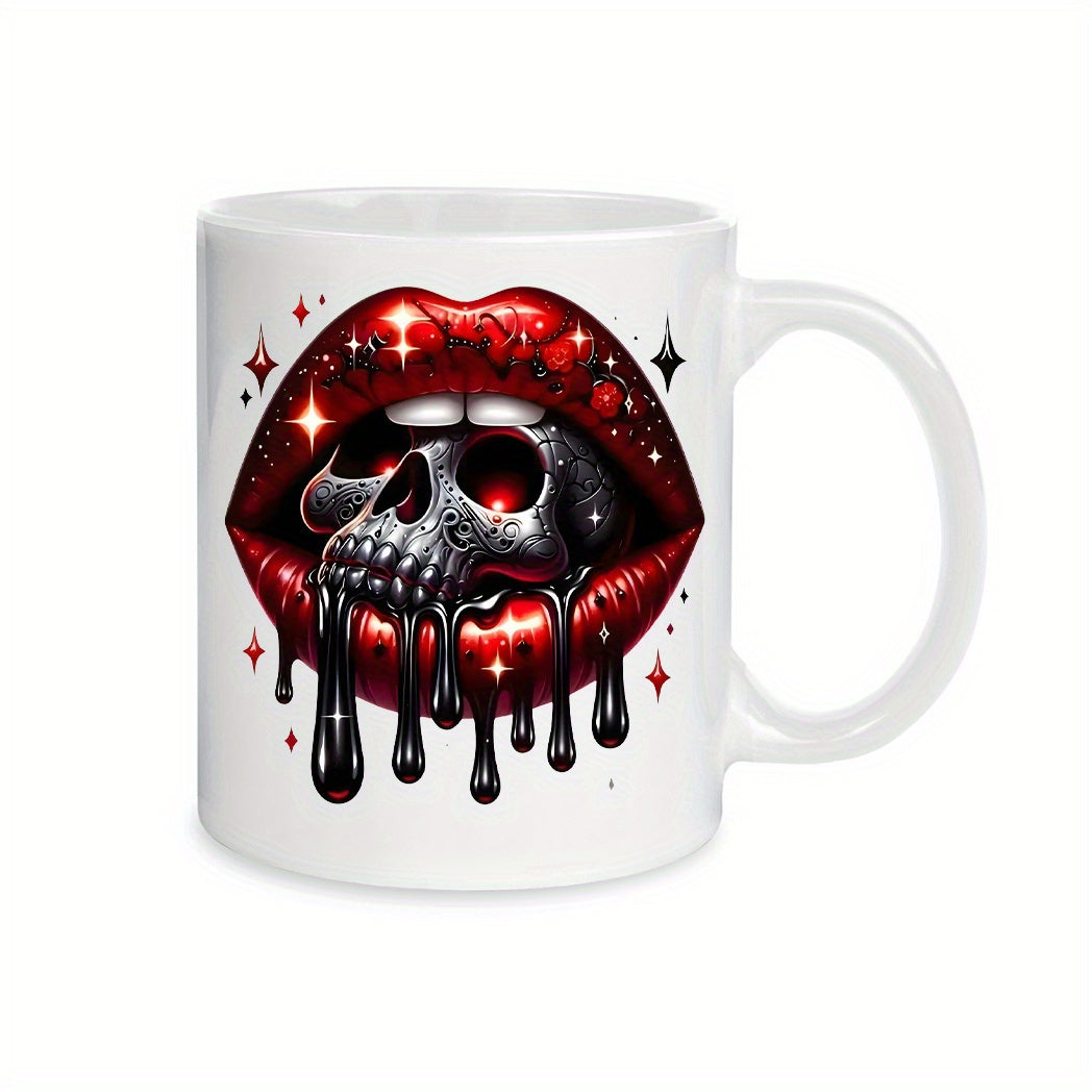 Tailorly White Ceramic 11 oz Mug - Glistening Red Lips With Black Liquid Dripping From A Dark Metallic Skull
