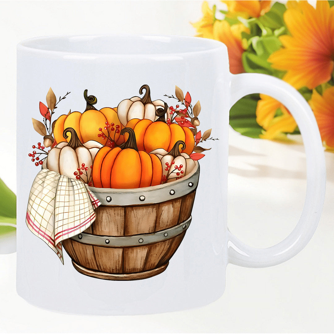 Tailorly White Ceramic 11 oz Mug - Rustic Wooden Bucket Filled With Autumn Harvest Pumpkins And Leaves Pumpkin