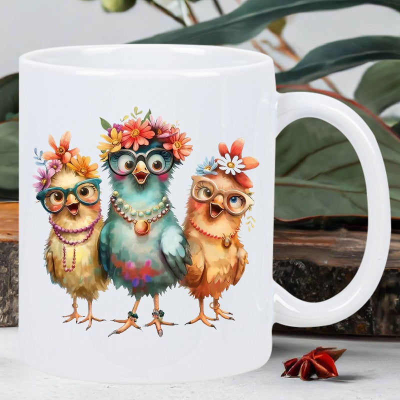 Tailorly White Ceramic 11 oz Mug - Three Whimsical Birds Wearing Stylish Eyeglasses And Colorful Floral Crowns Bird