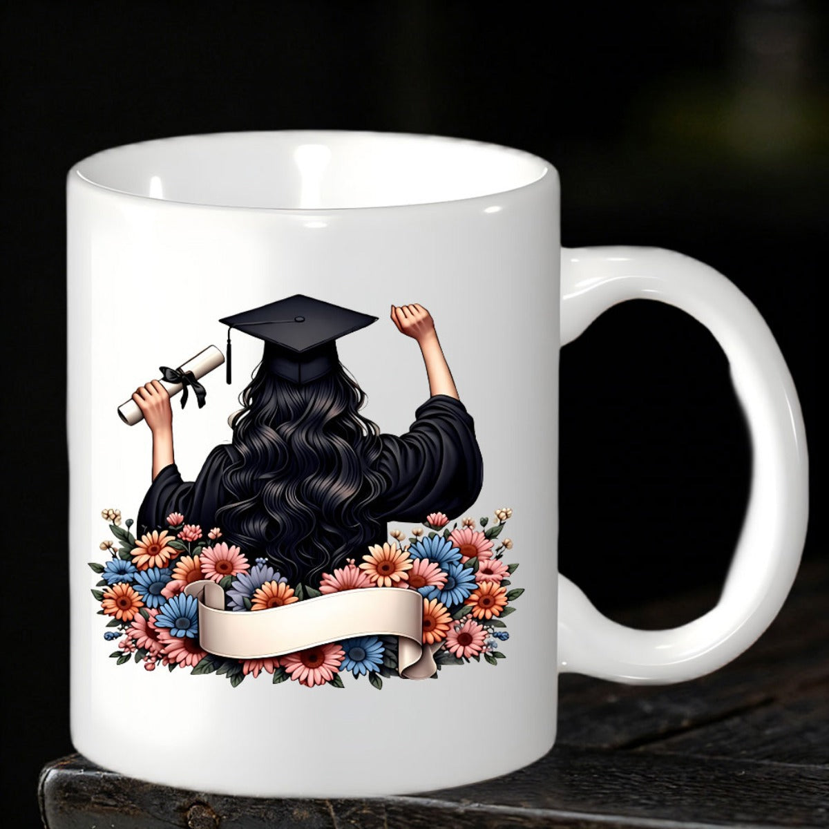 Tailorly White Ceramic 11 oz Mug - Elegant Female Student Holding Diploma Surrounded By Colorful Garden Flowers Graduate