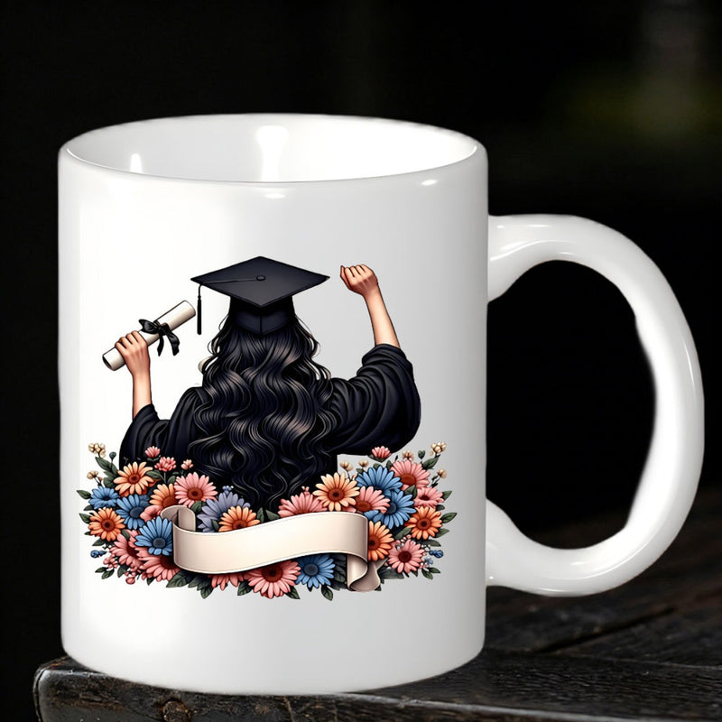Tailorly White Ceramic 11 oz Mug - Elegant Female Student Holding Diploma Surrounded By Colorful Garden Flowers Graduate