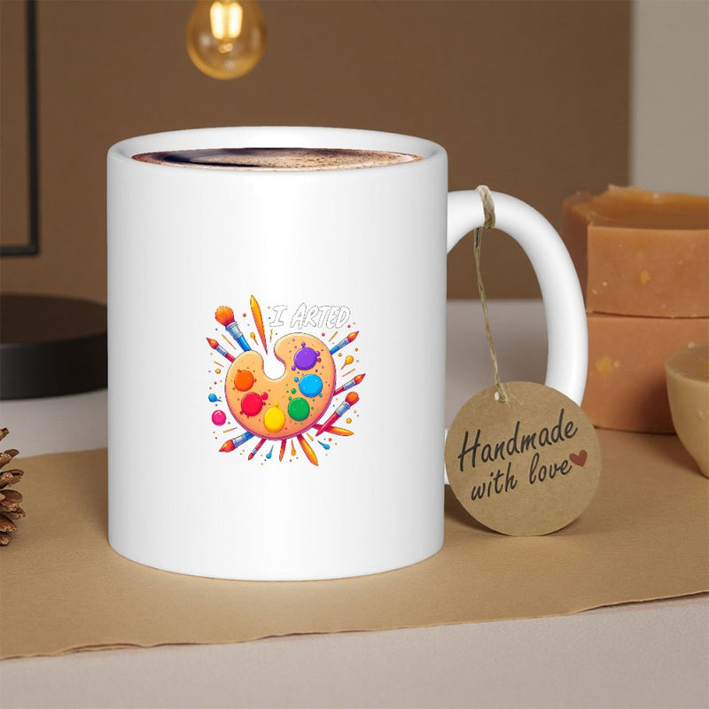 Tailorly White Ceramic 11 oz Mug - Art Vibrant Wooden Tool Surrounded By Many Colorful Paint Brushes And Pigments Palette