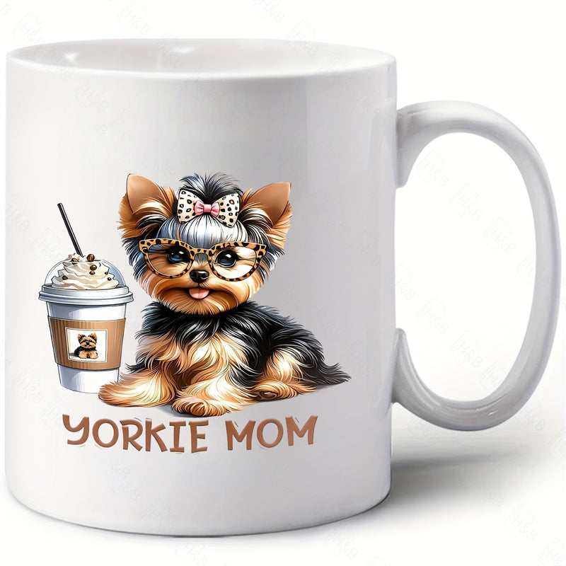 Tailorly White Ceramic 11 oz Mug - Yorkie Mom Adorable Small Puppy Wearing Stylish Glasses And Leopard Bow Beside Coffee Yorkie