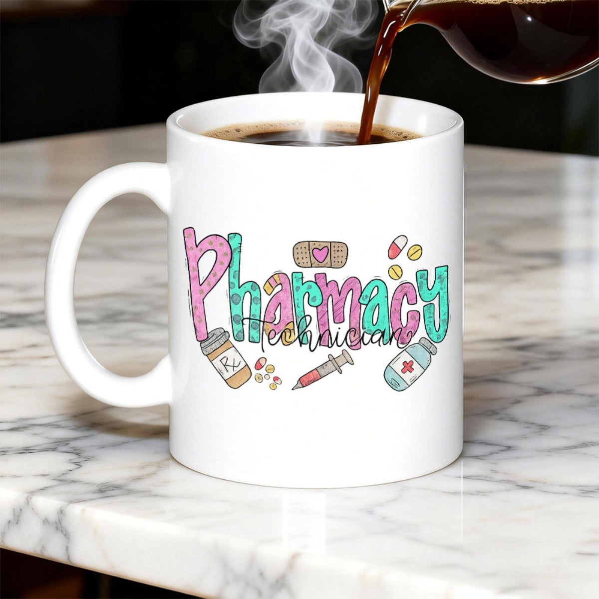 Tailorly White Ceramic 11 oz Mug - Pharmacy Technician Colorful Patterned Letters With Medicine Bottle Syringe And Heart Bandage Mug