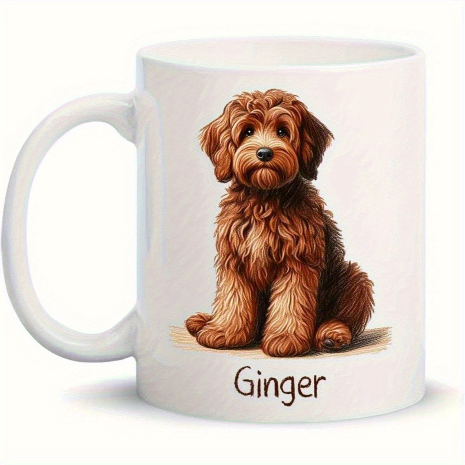 Tailorly White Ceramic 11 oz Mug - Ginger Fluffy Brown Curly Haired Puppy Sitting Calmly On White Background Dog