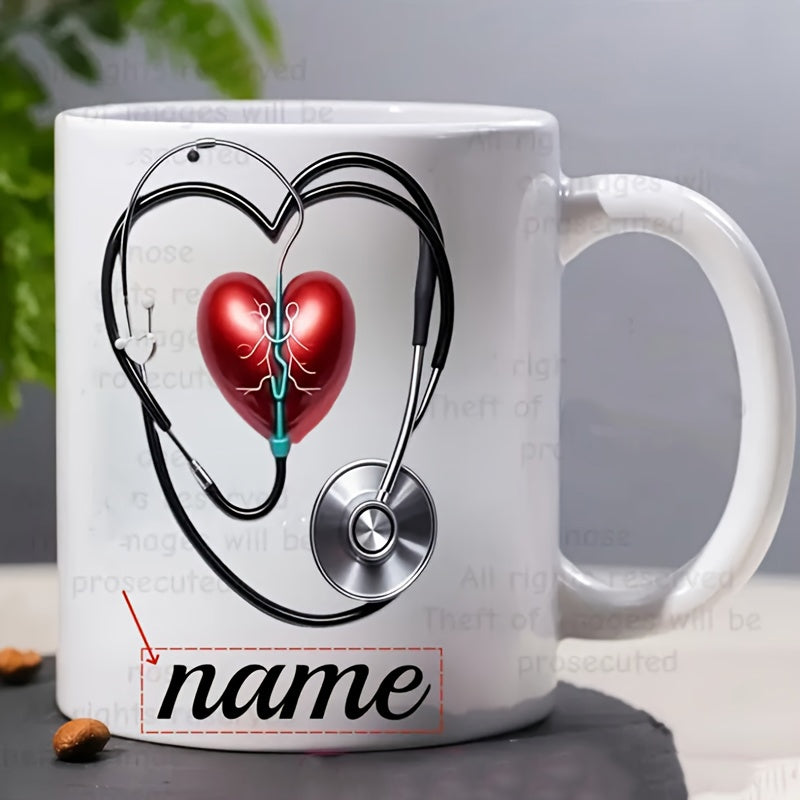 Tailorly White Ceramic 11 oz Mug - Name Professional Medical Stethoscope Forming Heart Shape Around Shiny Metallic Red Heart