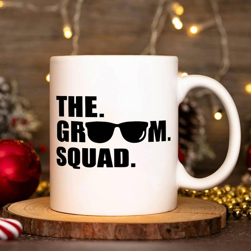 Tailorly White Ceramic 11 oz Mug - The Groom Squad Minimalist Bold Black Icons Representing Stylish Modern Wedding Groomsmen Sunglasses