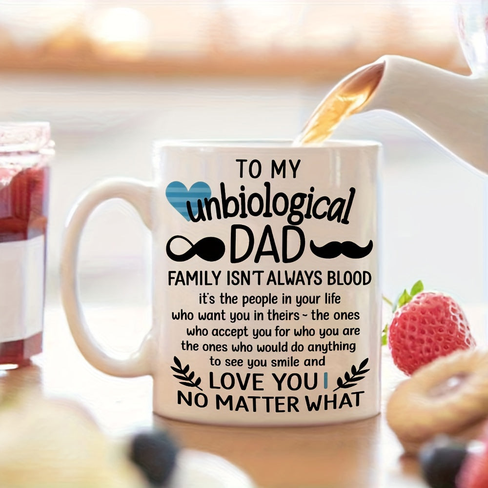 Tailorly White Ceramic 11 oz Mug - To My Unbiological Dad Family Isnt Always Blood Love You No Matter What Minimalist Black Mustache With Striped Blue Heart And
