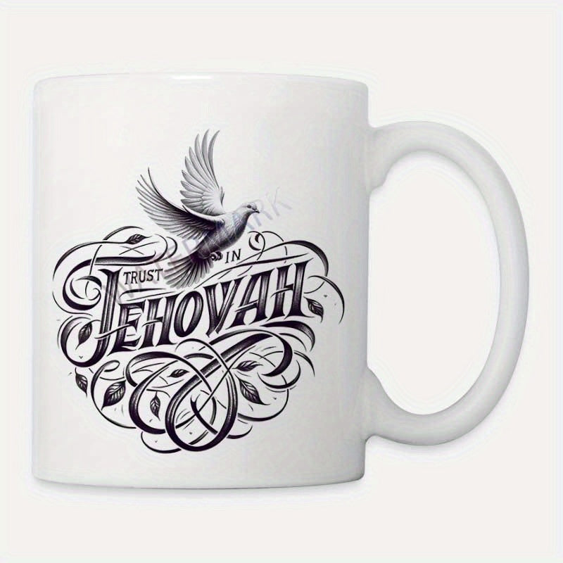 Tailorly White Ceramic 11 oz Mug - Trust In Jehovah Graceful Flying Dove Among Elegant Decorative Swirls And Delicate Leaves Bird