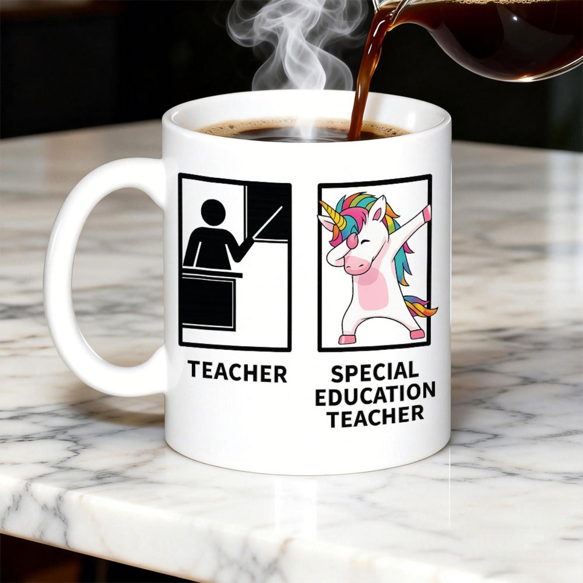 Tailorly White Ceramic 11 oz Mug - Teacher Special Education Teacher Playful Dabbing Creature With Rainbow Mane And Simple Classroom Silhouette Unicorn