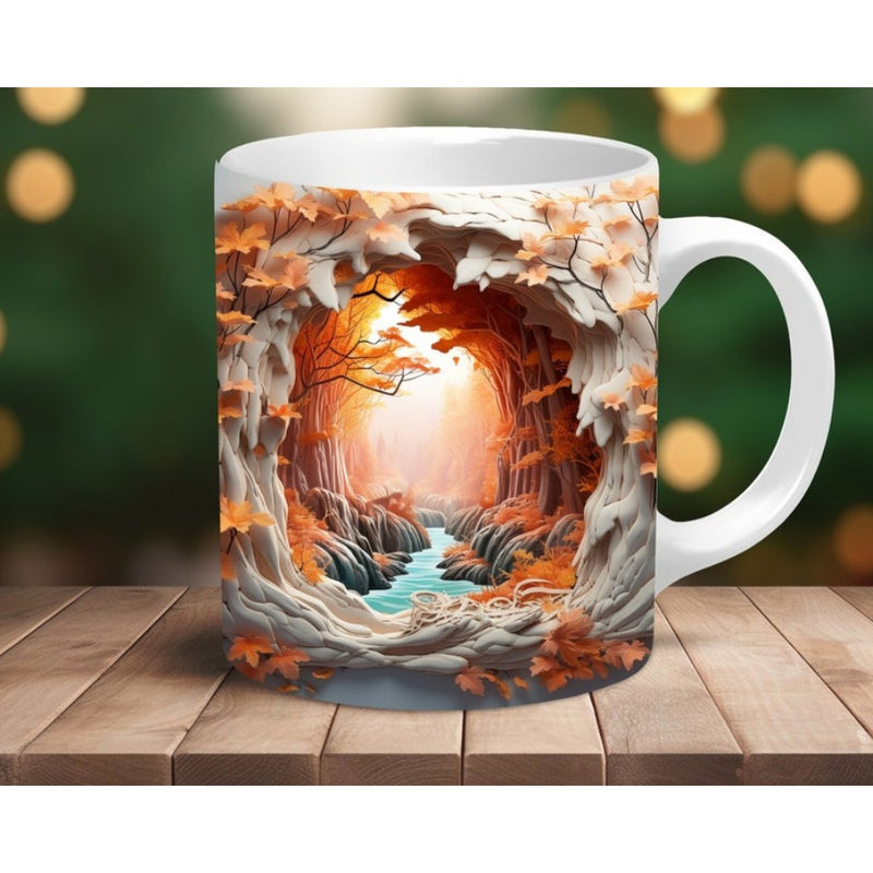 Tailorly White Ceramic 11 oz Mug - Autumn Leaves Falling Within A Carved Tree Opening Over A Stream Forest
