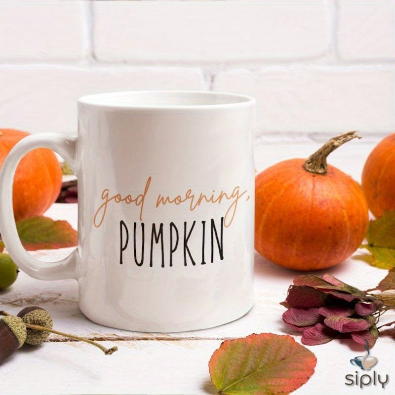 Tailorly White Ceramic 11 oz Mug - Good Morning Pumpkin Rustic Autumn Harvest With Vibrant Orange Gourds And Dried Fallen Leaves Pumpkin