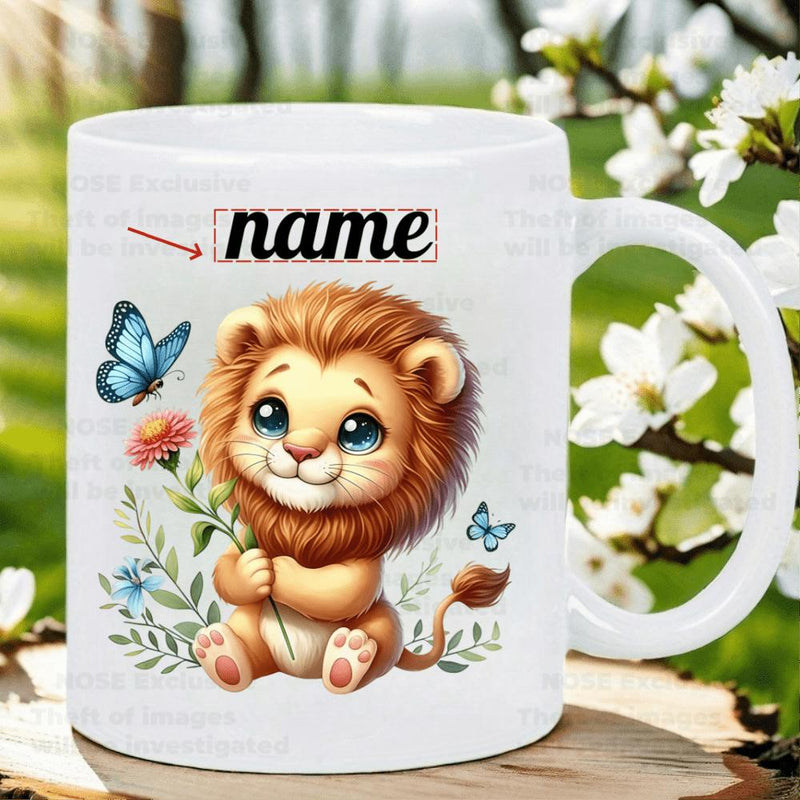 Tailorly White Ceramic 11 oz Mug - Name Cute Little Lion Sitting Peacefully Among Wildflowers And Flying Blue Butterflies Lion