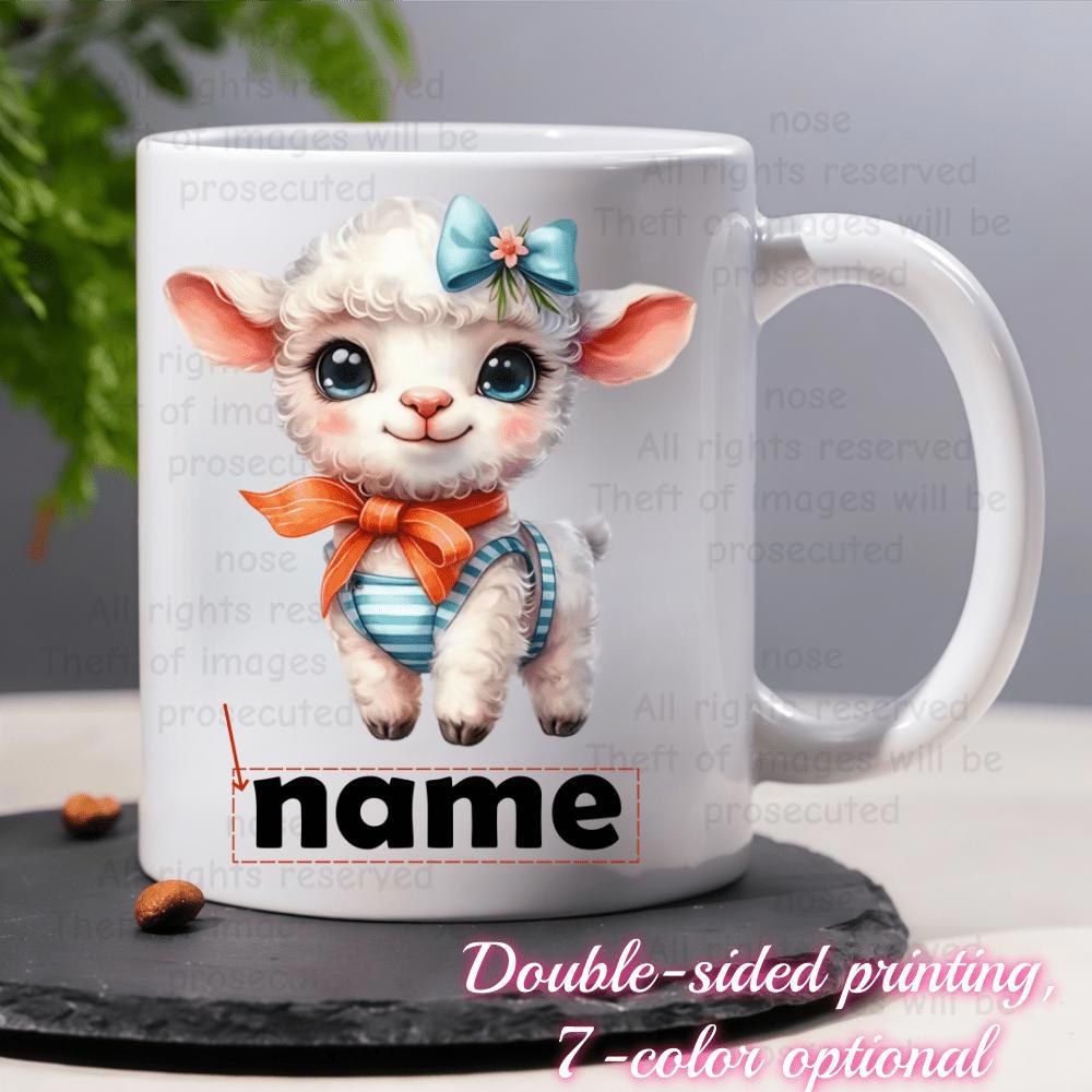 Tailorly White Ceramic 11 oz Mug - Name Adorable Fluffy White Sheep Wearing Orange Bow Tie And Blue Striped Clothing Lamb