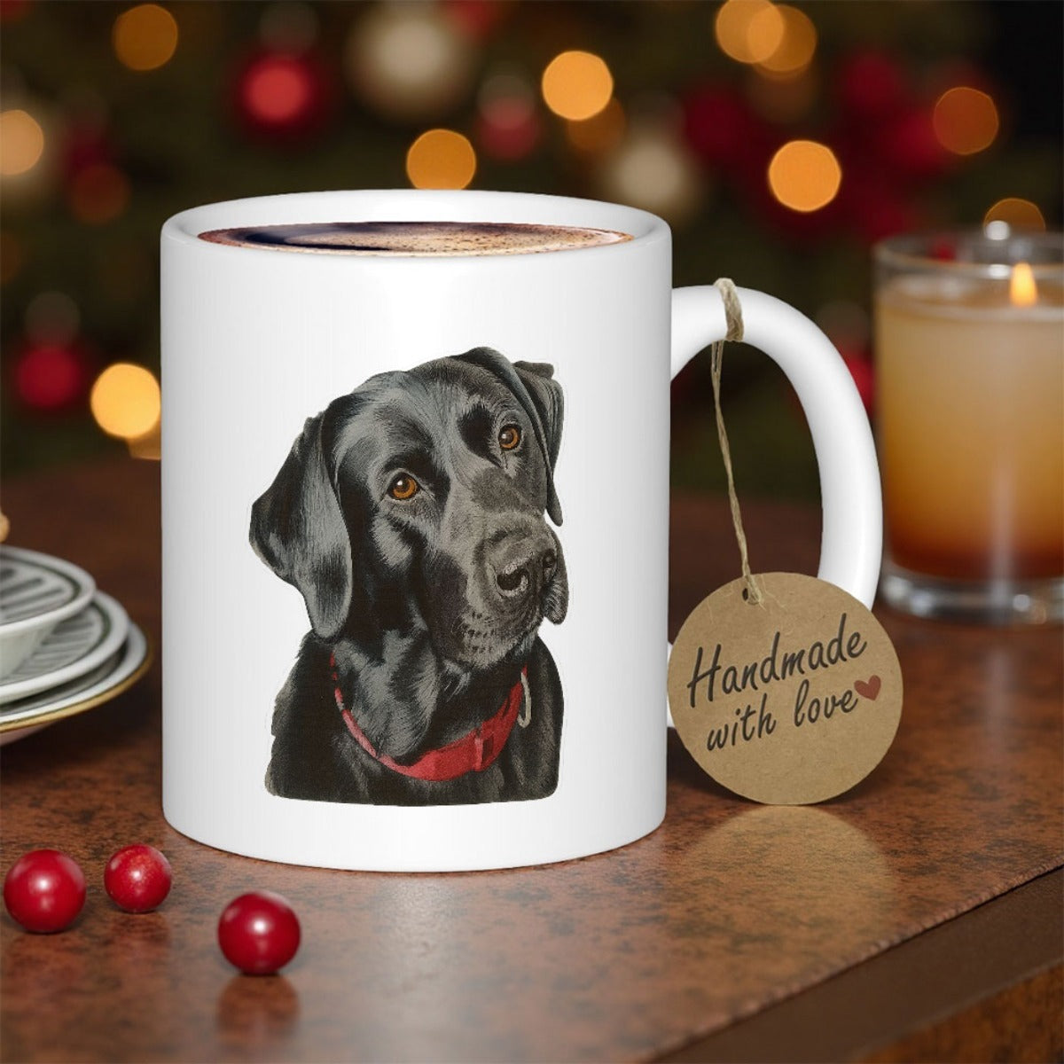 Tailorly White Ceramic 11 oz Mug - Handmade With Love Realistic Portrait Of A Loyal Black Labrador Wearing Red Collar Labrador