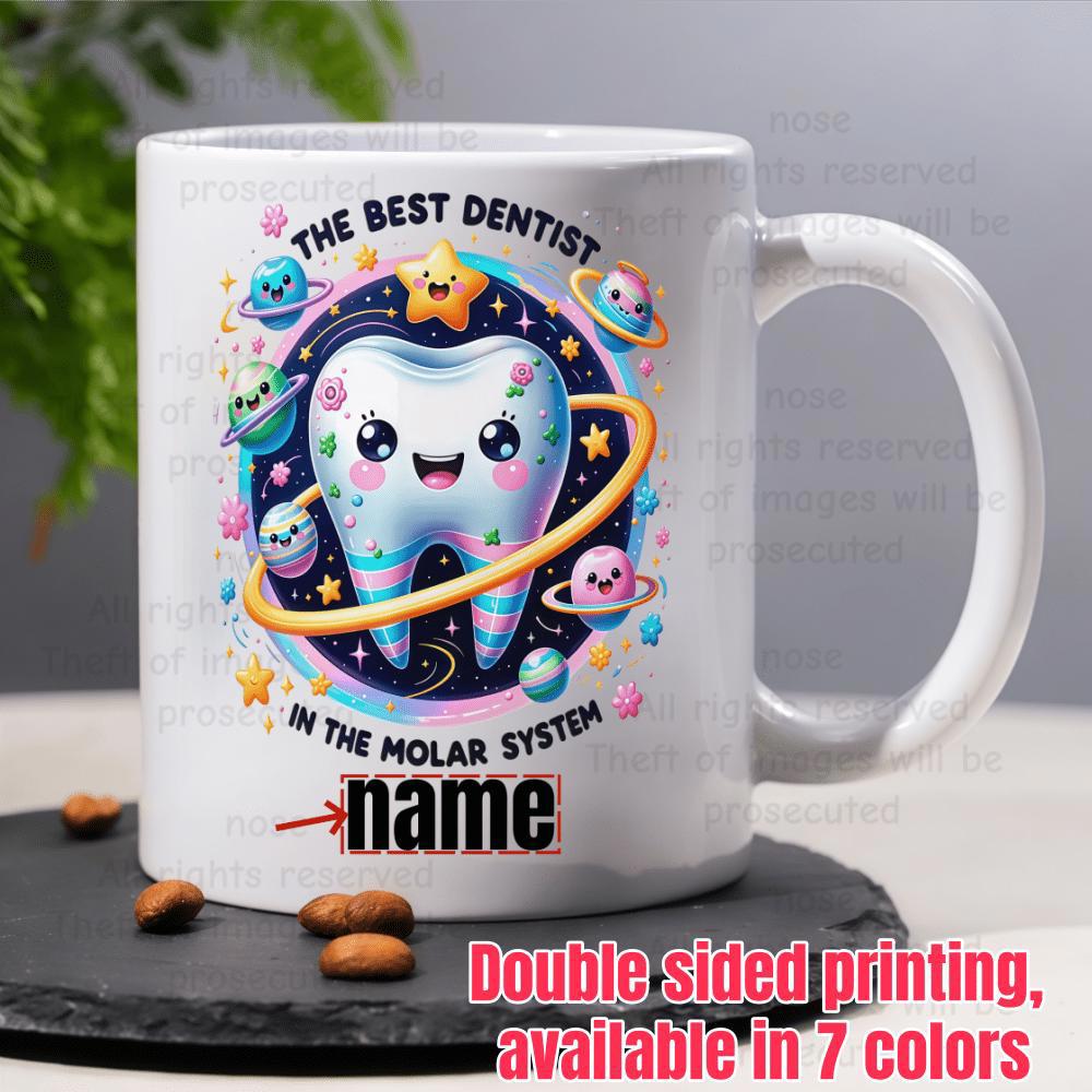 Tailorly White Ceramic 11 oz Mug - The Best Dentist In The Molar System Cute Smiling Tooth Surrounded By Colorful Planets And Golden Cosmic Rings Tooth