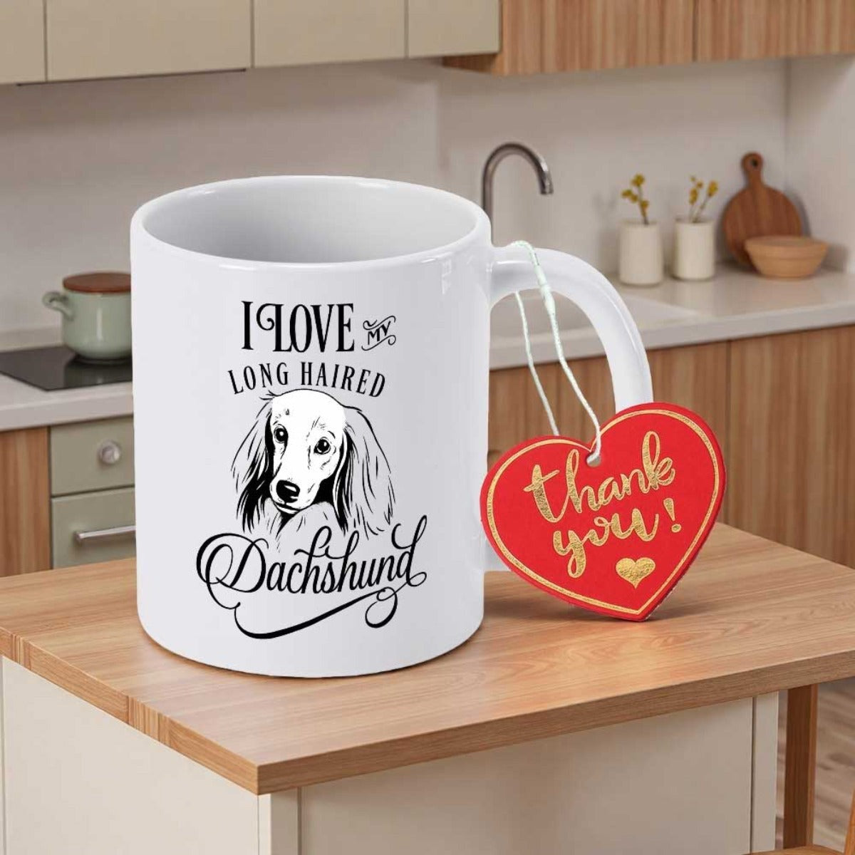 Tailorly White Ceramic 11 oz Mug - I Love Long Haired Dachshund Artistic Ink Style Sketch Of Long Haired Dog Portrait Among Swirling Text Dachshund